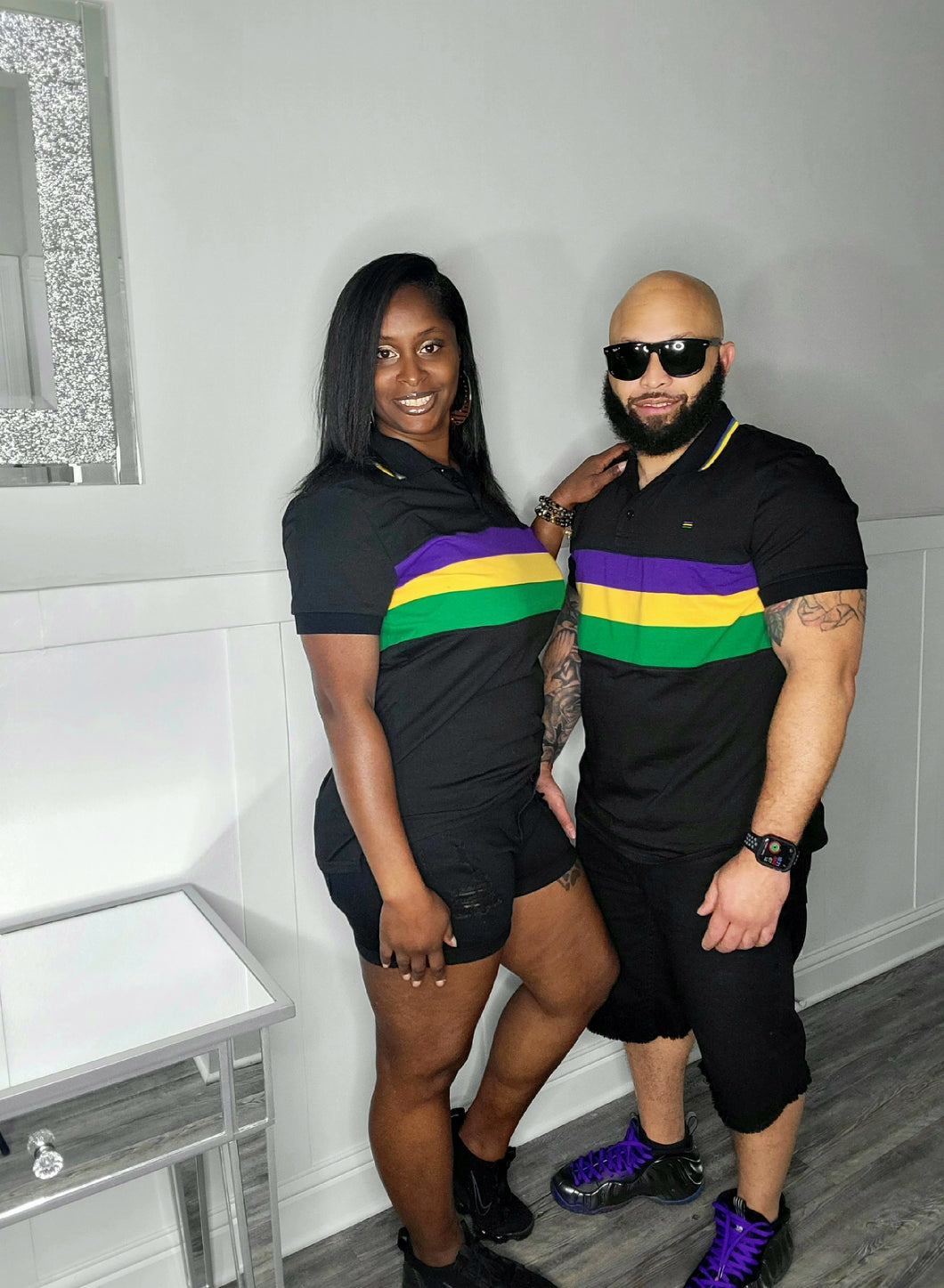 Unisex Mardi Gras Striped Polo Shirt-Black